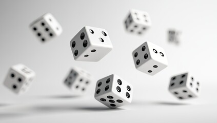 White dice suspended in mid-air against a plain white background