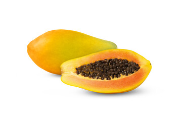 Whole yellow or orange papaya fruit with cut in half isolated.