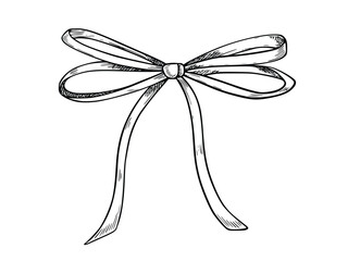 Vector illustration of Bow in engraved hand drawn style. Outline drawing of Ribbon painted by black inks for wedding greeting cards, stationery, or baby party invitations. Etching for party design.
