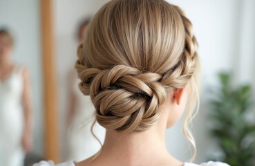 Fototapeta premium Blonde girl elegant braided hairstyle bun, perfect for wedding. Pro hairstyling. Intricate updo with beautiful volume, braid, classic look, creating romantic fashion. Ideal for bridesmaid, bride.