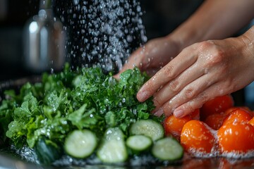 Close-up of hands washing vegetables under tap water, cleaning ingredients to prepare a fresh salad, promoting healthy eating habits., Generative AI