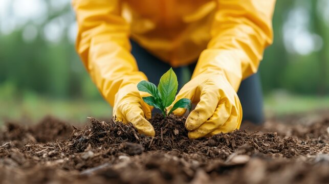 A close-up of a gardener in yellow gloves planting a young seedling into the rich soil, representing growth, nurturing, and the deep connection between humans and nature.