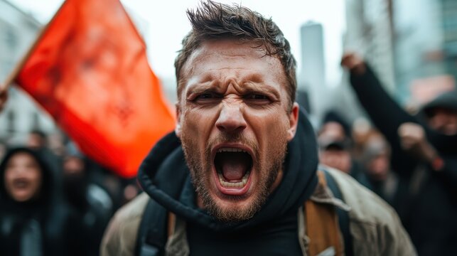A close-up of a passionate protester yelling loudly, showcasing raw emotion and determination amidst a crowd, symbolizing the power of voice and collective action in societal change.
