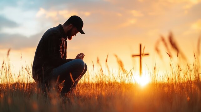 A contemplative man kneels in a serene field during sunset, silhouetted against a wooden cross, expressing a deep sense of spirituality and connection to faith in nature.