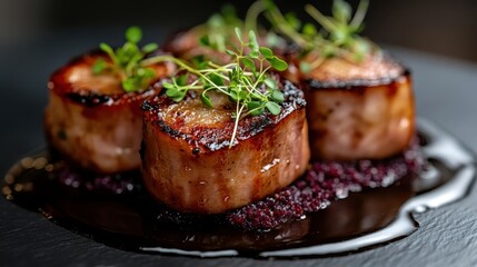 An elegant presentation of gourmet bacon-wrapped scallops garnished with greens, served on a dark plate, showcasing exquisite culinary art and flavor.