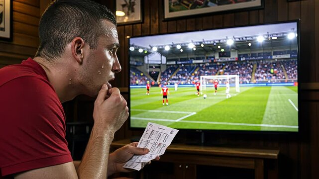 Sweating man watching soccer on TV, holding a betting slip. Male fan watches sport game on screen, concept of gambling and entertainment for sport event.