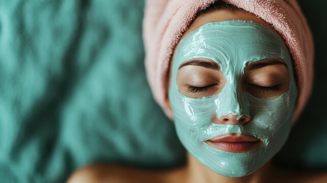 A serene moment captured as a woman enjoys a rejuvenating spa day, lying down with a green face mask and a pink towel wrapped around her head, embodying relaxation and self-care. - Powered by Adobe