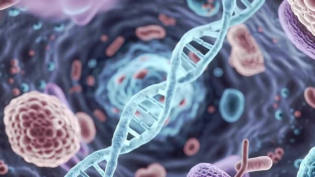 Microscopic Cellular Structures: DNA Helix and Cell Organelles Abstract Animation
