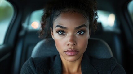 A captivating portrait of a woman gazing thoughtfully from a car seat, exploring themes of introspection, contemplation, and the human experience in daily life.