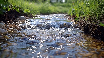 Fototapeta premium Crystal Clear Mountain Stream Flowing Over Smooth Pebbles