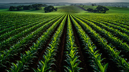  Aerial view of a field of young corn plants, with orderly rows stretching out towards the horizon, depicting early growth in agriculture