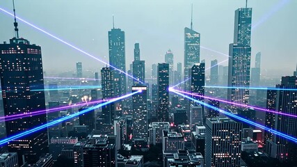 Aerial View of Illuminated Cityscape at Night with Blue and Purple Network Light Fiber Optic Connection Futuristic Communication Technology - Powered by Adobe