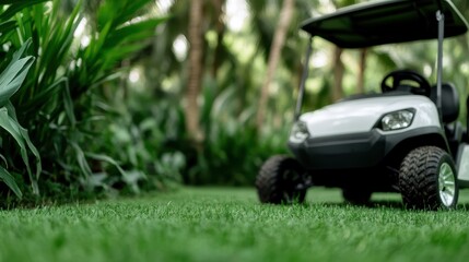 An artistic perspective of a golf cart surrounded by vibrant greenery, symbolizing leisure, outdoor activity, and the allure of picturesque golf course landscapes.