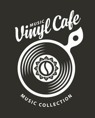 Vector menu, banner for music cafe or restaurant with old vinyl record inside frying pan and coffee bean on black background in vintage style with inscription. Poster, flayer, menu, invitation. No AI 