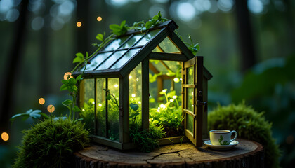 Glowing miniature greenhouse with plants and cup on wooden stump  