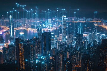 Fototapeta premium Fast-paced smart city with visible wireless data flow, Hong Kong at night, technology theme