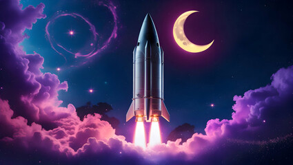 A Rocket Launches into a Dreamy Night Sky Filled with Stars and Clouds