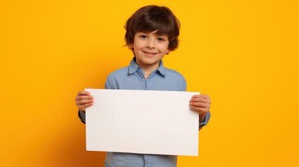Smiling Boy Holding a Blank Sign: A young, cheerful boy presents a clean, empty sign, offering a versatile canvas for your message, all against a bright and inviting background. AI image. 