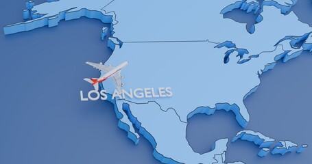 USA, Los Angeles, abstract illustration of a map with an airplane, concept of air travel