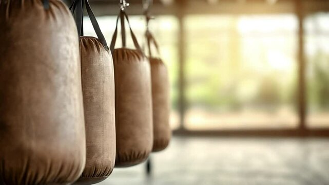 Heavy Bags in Gym: Row of heavy leather boxing bags hanging in a gym, ready for a workout. The soft sunlight streams through a nearby window.