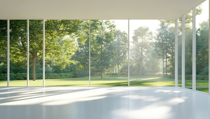 Empty, bright room with large windows showcasing a lush garden