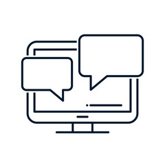 Computer, speech bubbles, dialog boxes. Concept of online chat, support service, comments. Vector linear icon isolated on white background.