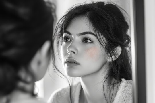 Asian young woman examining her face in the mirror, noticing red rash caused by cosmetic allergy, reflecting the importance of skin care awareness., Generative AI