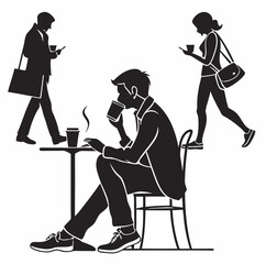 Silhouetted people drinking coffee and using phones at a cafe in a vector style illustration created with generated ai