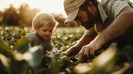 A touching moment between a father and son as they work together in a lush cornfield during sunset, symbolizing family bonds and the joy of shared experiences in nature.
