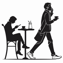 Silhouette of people at cafe with one person on phone and another carrying coffee while walking created with generated ai