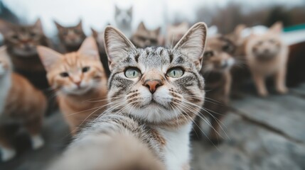 A delightful selfie captured by a cat surrounded by friends, portraying a sense of community, curiosity, and the playful spirit found in the feline world.