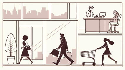 Illustration showing people shopping, working at a desk, and walking with shopping bags in a city scene created with generated ai