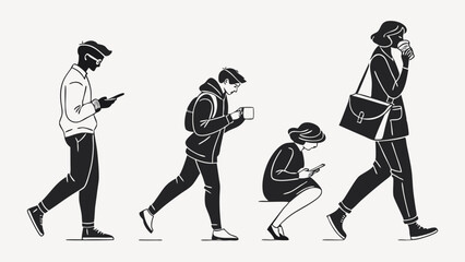 Illustration of people using mobile phones and carrying coffee in a monochromatic style design art created with generated ai