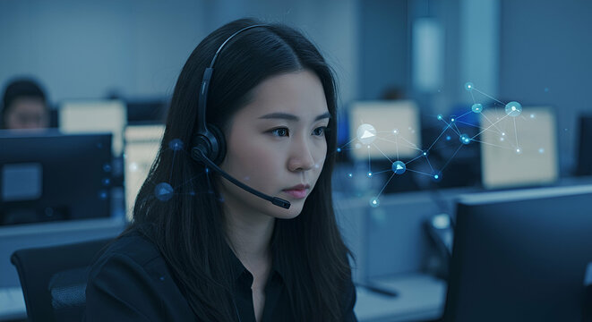 Focused Female Customer Service Agent Wearing Headset in a Modern Office