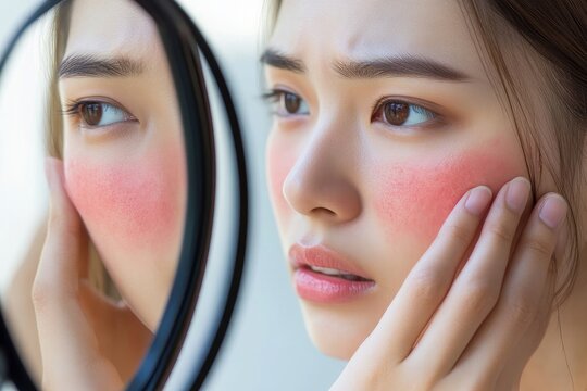 Asian young woman examining her face in the mirror, noticing red rash caused by cosmetic allergy, reflecting the importance of skin care awareness., Generative AI