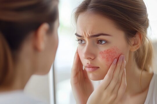 Asian young woman examining her face in the mirror, noticing red rash caused by cosmetic allergy, reflecting the importance of skin care awareness., Generative AI