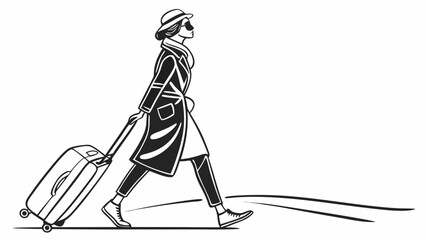 Woman in coat and hat pulling a suitcase with wheels in black and white line drawing style image created with generated ai