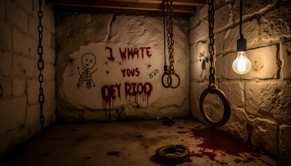 Dark basement with blood stains and creepy graffiti on stone wall  