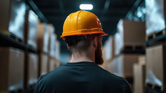 A focused stock worker wearing a hard hat stands in a busy warehouse, underscoring the importance of safety and diligence in the logistics and supply chain industry.