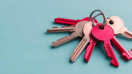 Set of colorful metal keys on a ring, vibrant objects on blue surface – concept of security, home access, and organization.