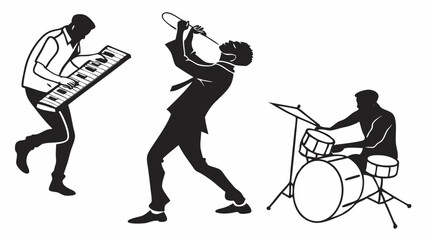 Band performing music with keyboard player, trumpet player, and drummer in black and white silhouette style created with generated ai