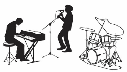 Silhouette of a musical band performing with piano, singer and drums on a white background stage view created with generated ai