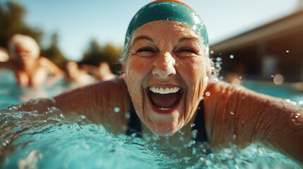 An elderly woman joyfully swims in a pool, radiating happiness and vitality, embodying the spirit of life and wellness, and inspiring others with her exuberance.
