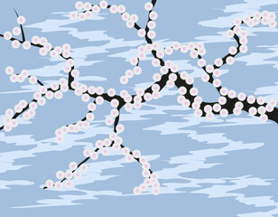 Sakura blossoms against the sky. Illustration of branches with blooming sakura against the blue sky.