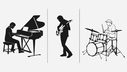 Silhouette illustration of a jazz band with piano guitar and drums performing on a white background created with generated ai