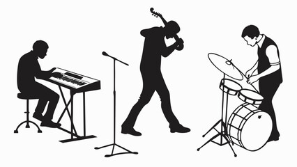 Silhouette of a musical band performing with keyboard bass violin and drum set on a white background created with generated ai