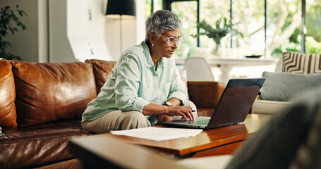 Old woman, finance and laptop in home for debt, budget planning and insurance application. Savings,...