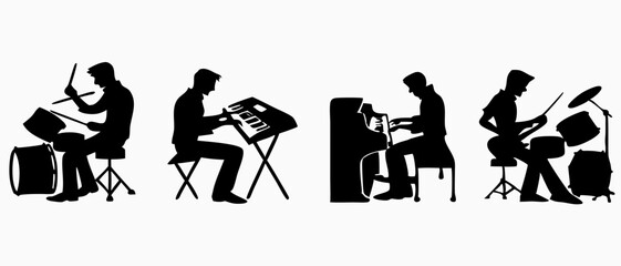 Silhouetted musicians performing on drums keyboard and piano in a musical ensemble arrangement scene created with generated ai