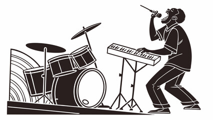 Silhouette illustration of a musician playing keyboard and singing with drums on the side stage created with generated ai