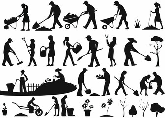 Silhouettes of people gardening and working with tools like shovels and wheelbarrows in various poses created with generated ai